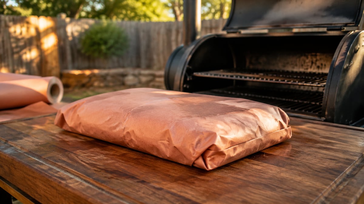 A brisket wrapped tightly in butcher paper resting on a wooden board