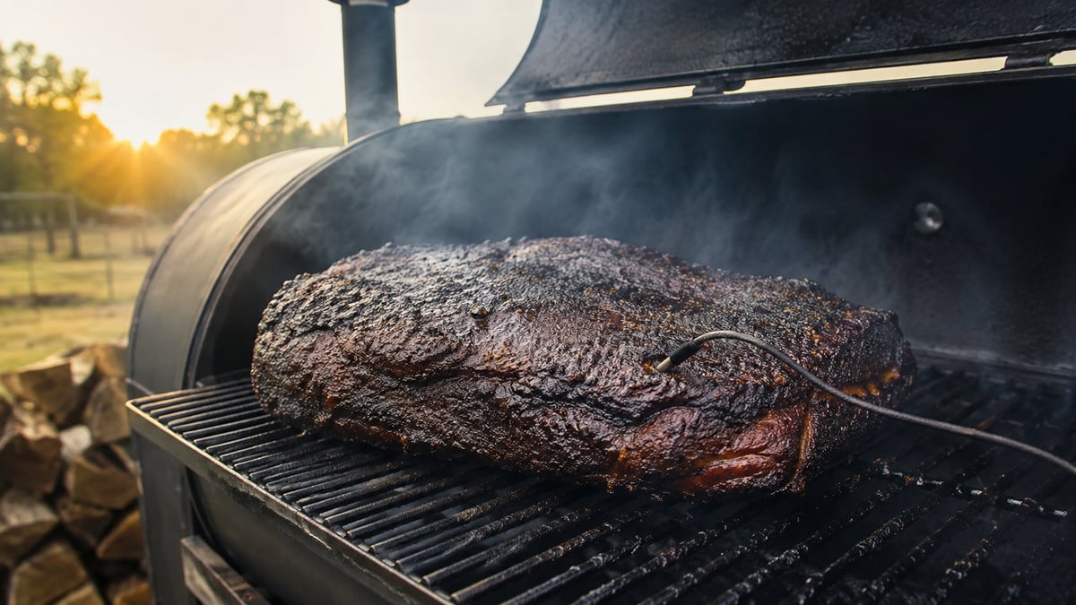 A brisket holding at the stall on an offset smoker with a probe in the flat