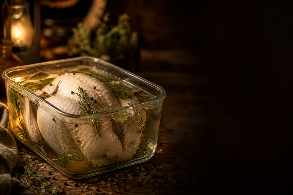 A whole turkey brining in a glass container of seasoned saltwater with herbs