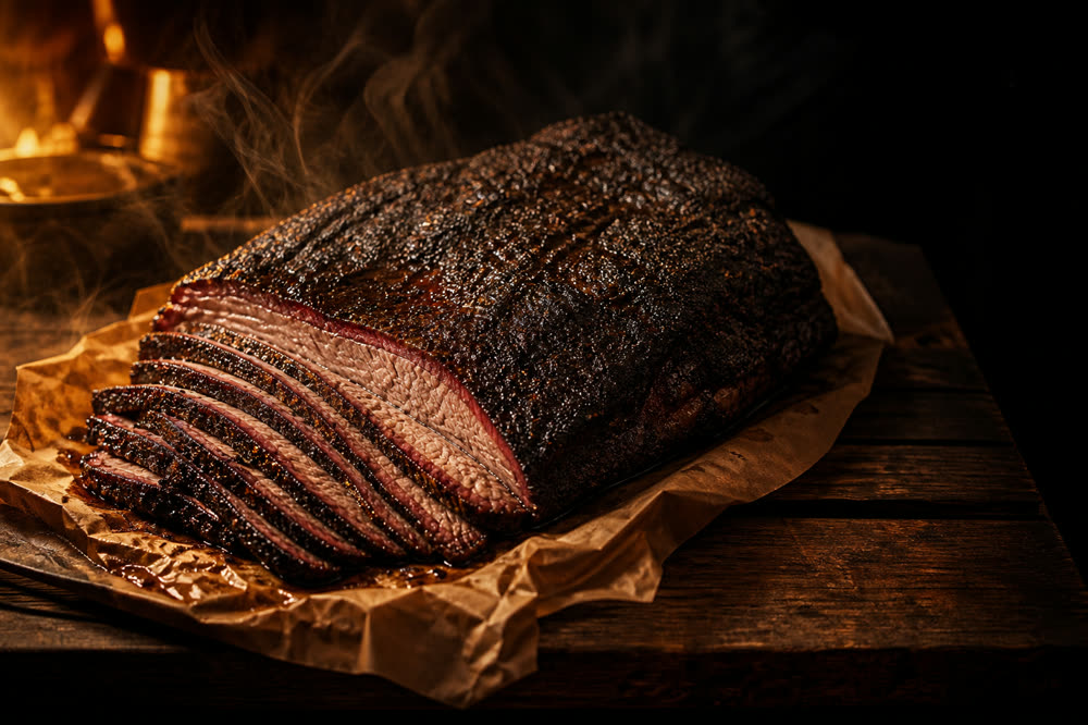 Sliced smoked brisket with a dark bark on butcher paper beside a glowing fire