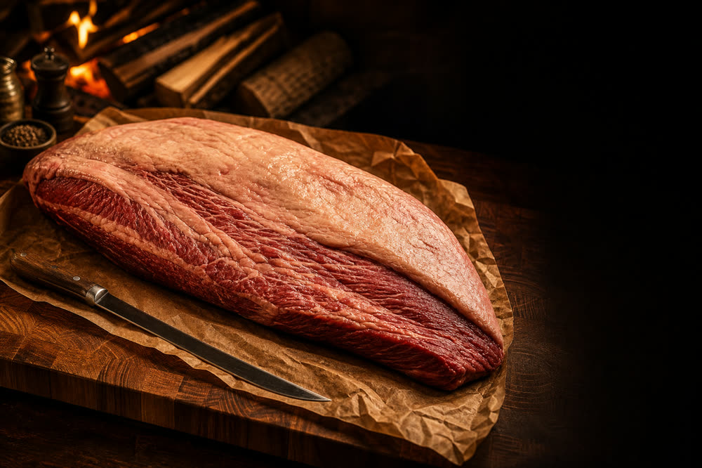 A trimmed raw packer brisket on a wooden board before smoking