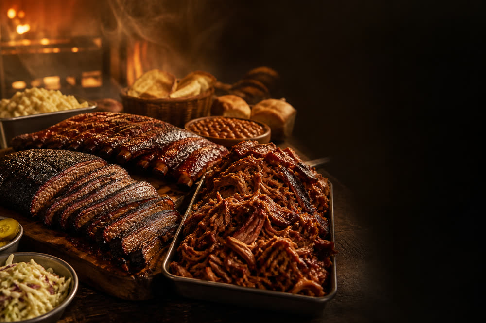 A large catering spread of smoked meats and barbecue sides in serving trays