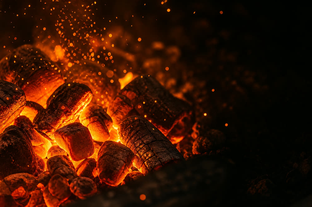Glowing charcoal briquettes and embers in a barbecue firebox