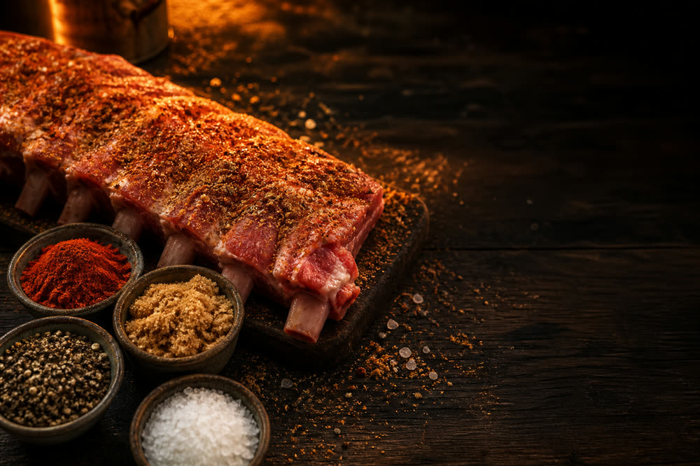 Bowls of barbecue rub spices beside a seasoned rack of ribs
