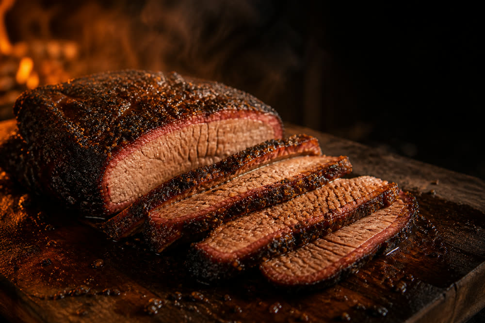 A sliced smoked brisket with a dark peppery bark and pink smoke ring on a wooden board