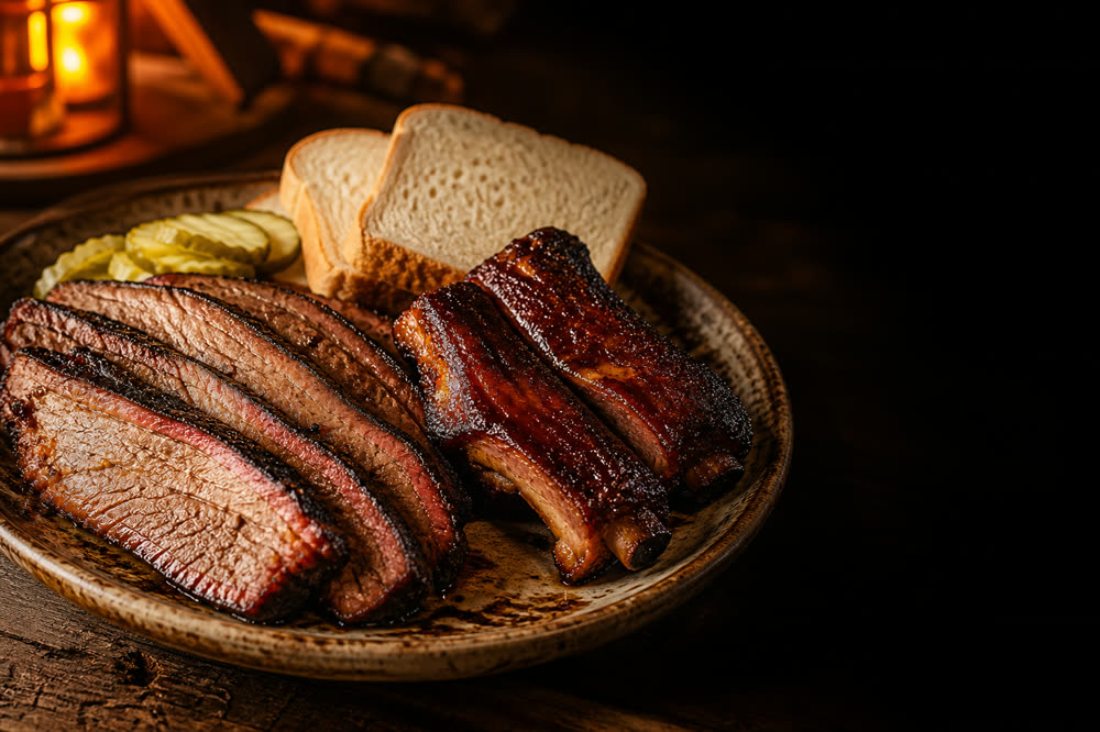 A barbecue plate of sliced smoked brisket with pickles, onion, and white bread