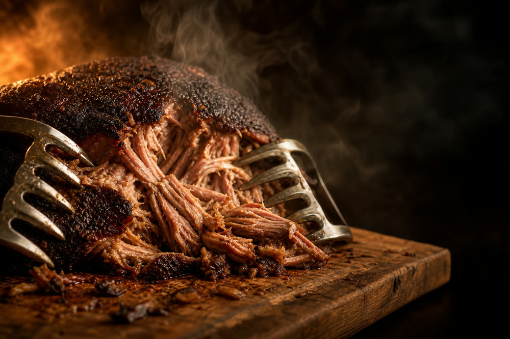 Smoked pork shoulder being pulled into tender shreds with meat claws