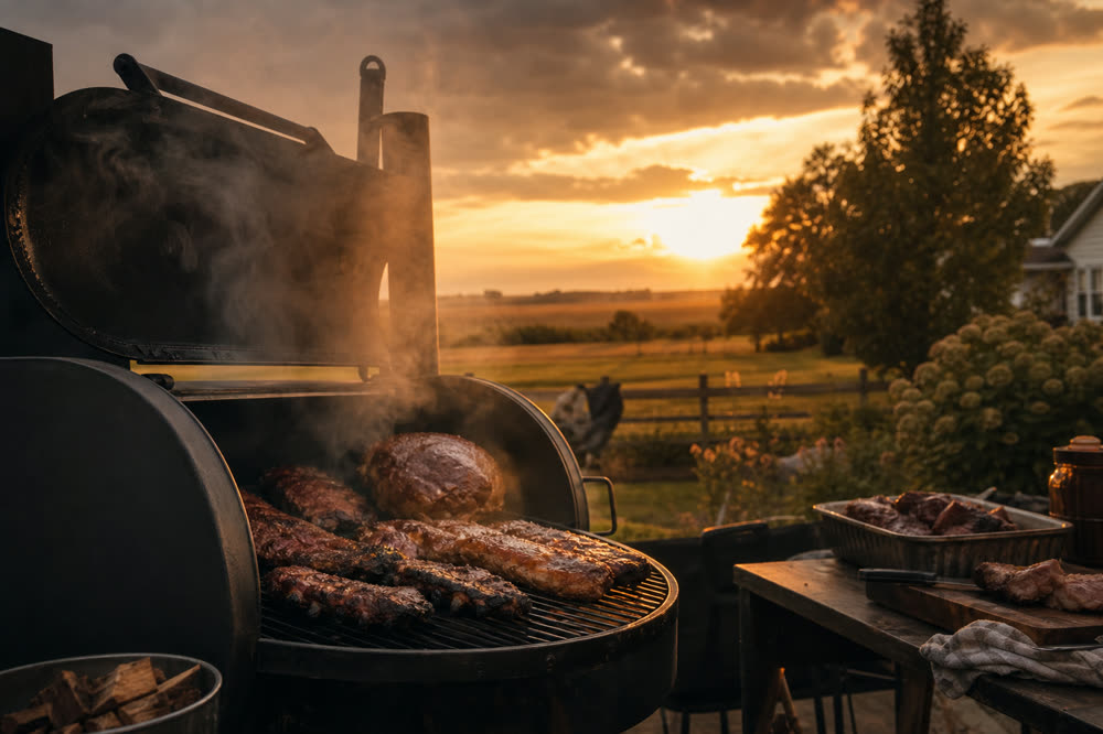 A backyard barbecue smoker at sunset over open farmland