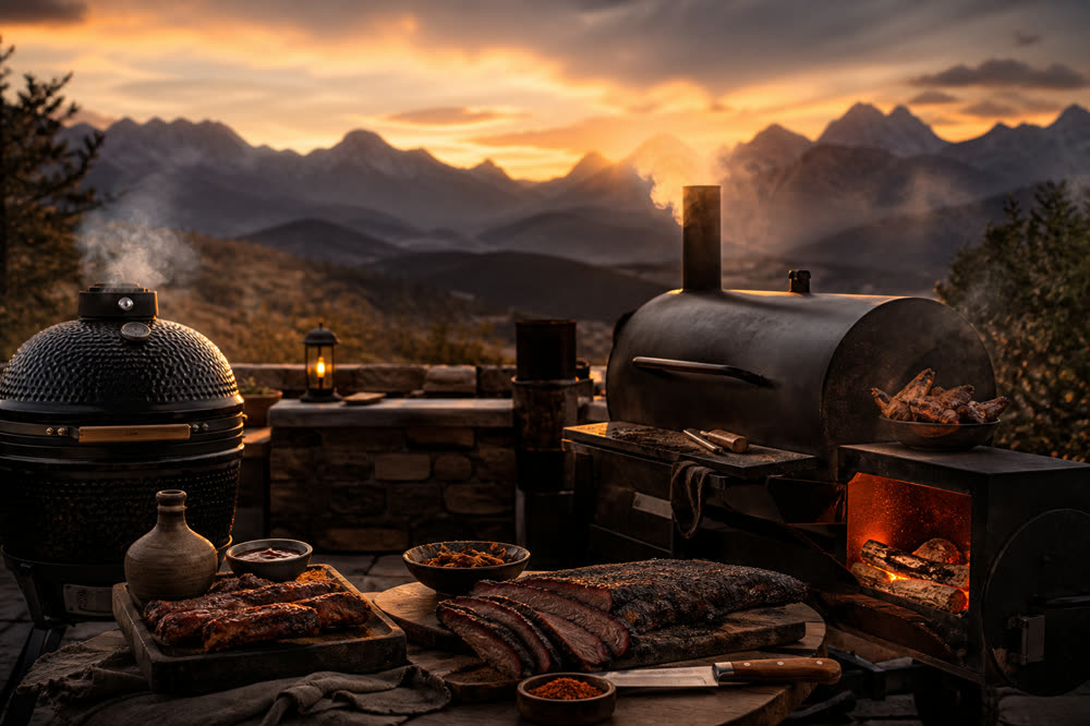 A barbecue smoker cooking with a mountain range in the background at dusk
