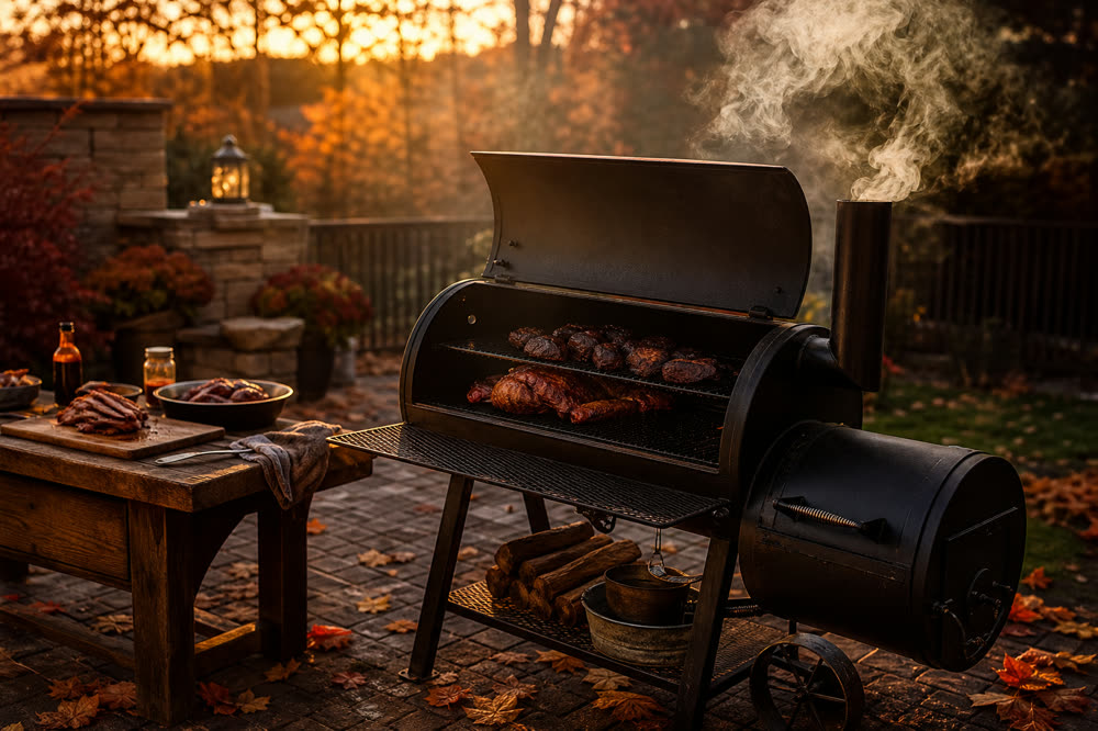 An offset barbecue smoker running on a backyard patio at dusk