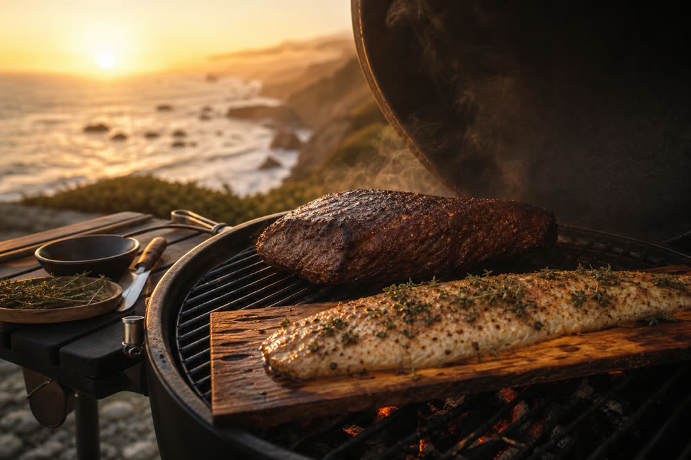 Salmon fillets smoking on a grate along the Pacific coast at sunset