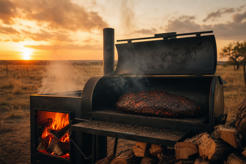 A large offset smoker with a lit firebox on the open plains at sunrise