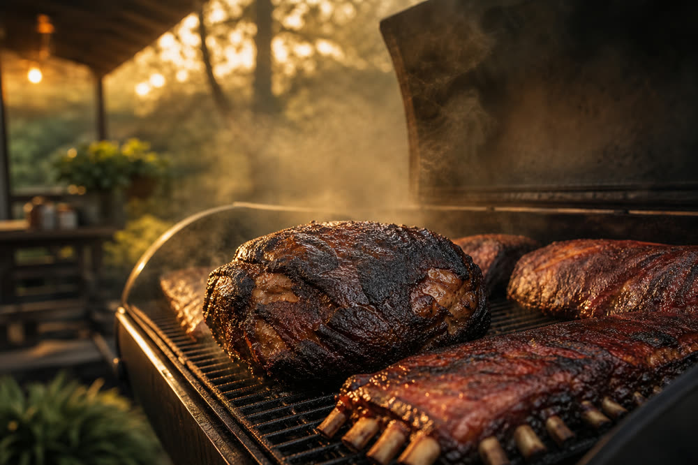 Ribs and brisket smoking on a barbecue grate at sunrise