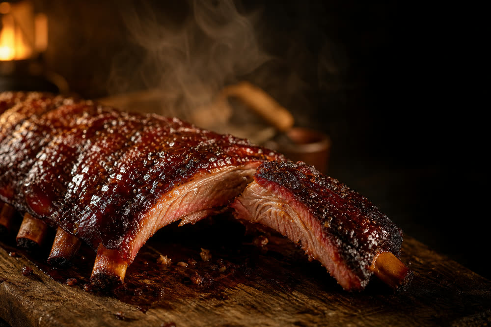 A glazed rack of smoked pork ribs fresh off the smoker