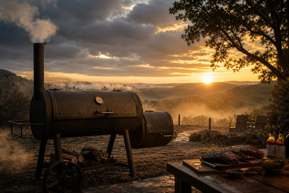 An offset barbecue smoker running at dawn with smoke rising over open countryside