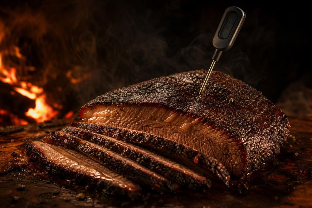 A digital meat thermometer probing a smoked brisket to check its internal temperature