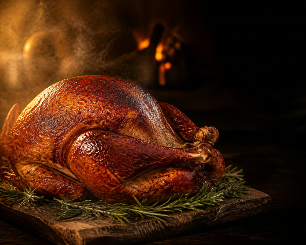 A whole smoked turkey with crisp golden skin garnished with rosemary