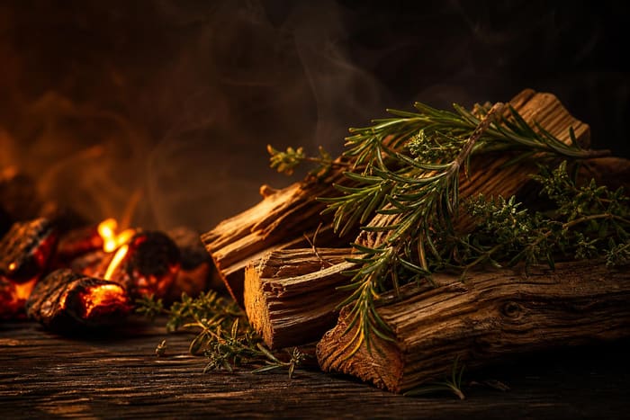 Oak wood chunks with fresh rosemary sprigs