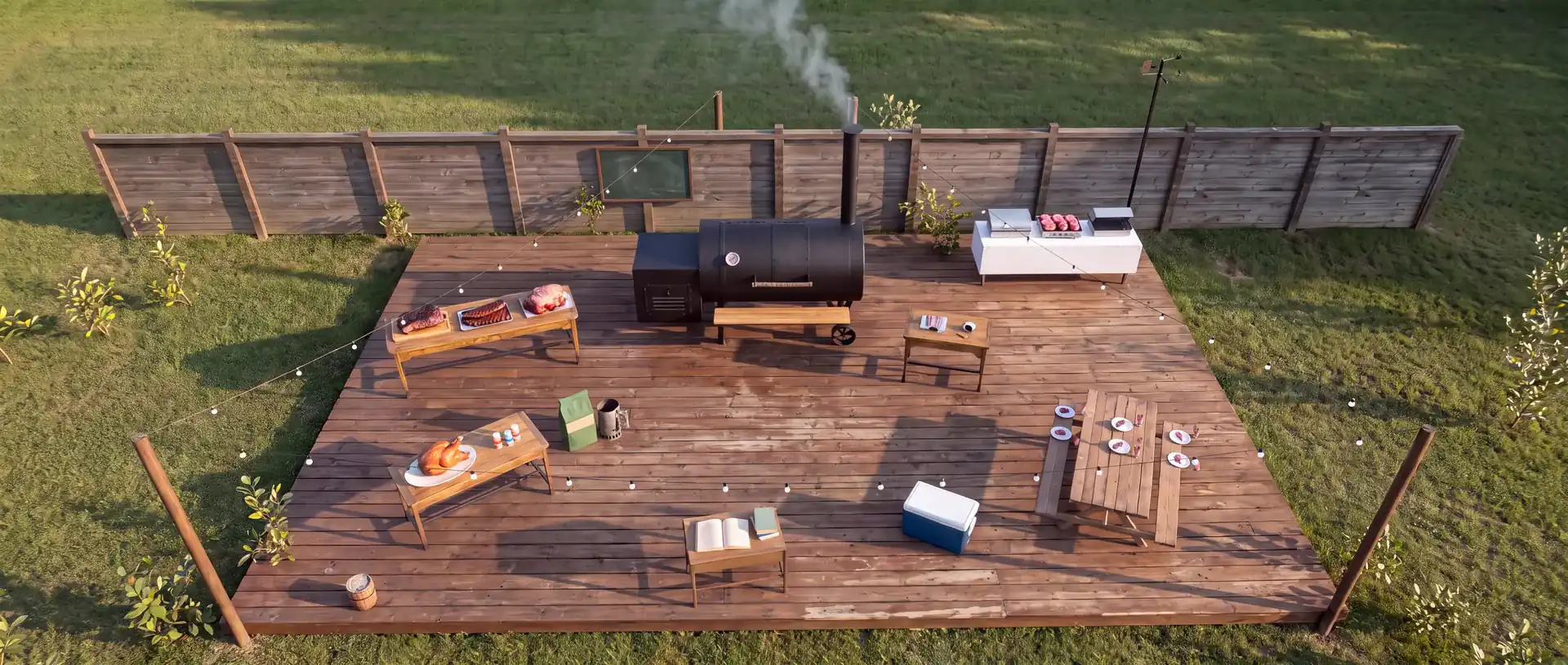 A backyard barbecue at golden hour: an offset smoker, prep tables with brisket, ribs, pork shoulder and a turkey, a cooler, a picnic table and a weather vane.
